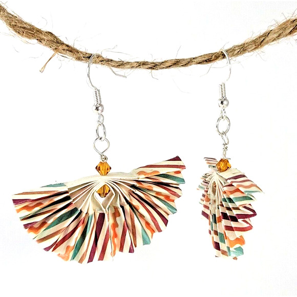 Multicolor Striped Origami Fan Earrings with Swarovski Beads - Picture 5 of 7